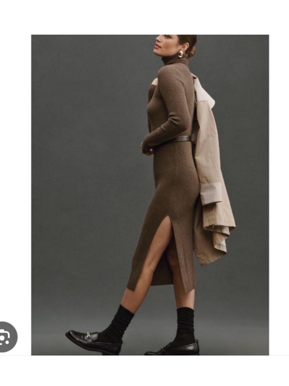 Reformation Brown Ribbed Turtleneck Midi Dress